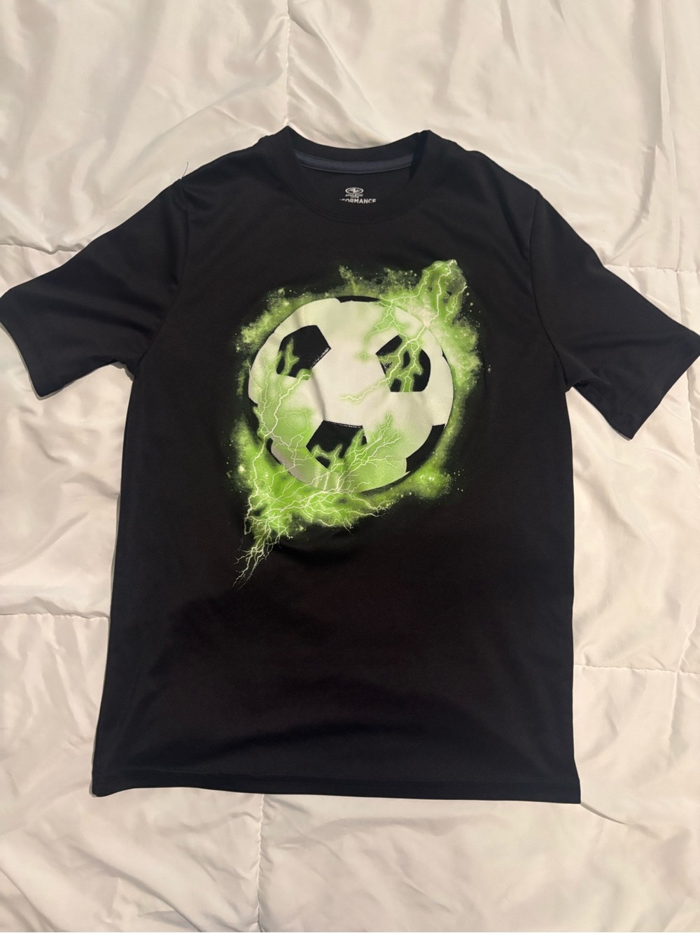 Athletic Works Black Tee with Neon Green Soccer Lightning Graphic